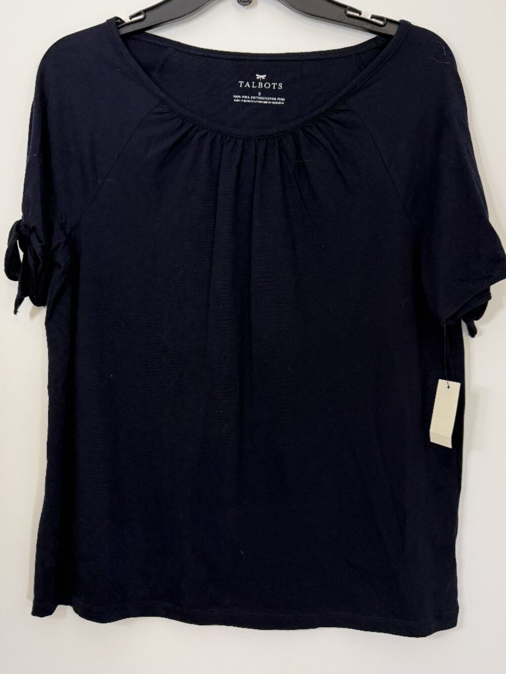 New! Talbots Blouse Womens S Navy Blue Decorative Tie Sleeves Pullover Workwear